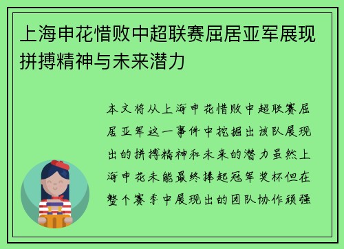 上海申花惜败中超联赛屈居亚军展现拼搏精神与未来潜力